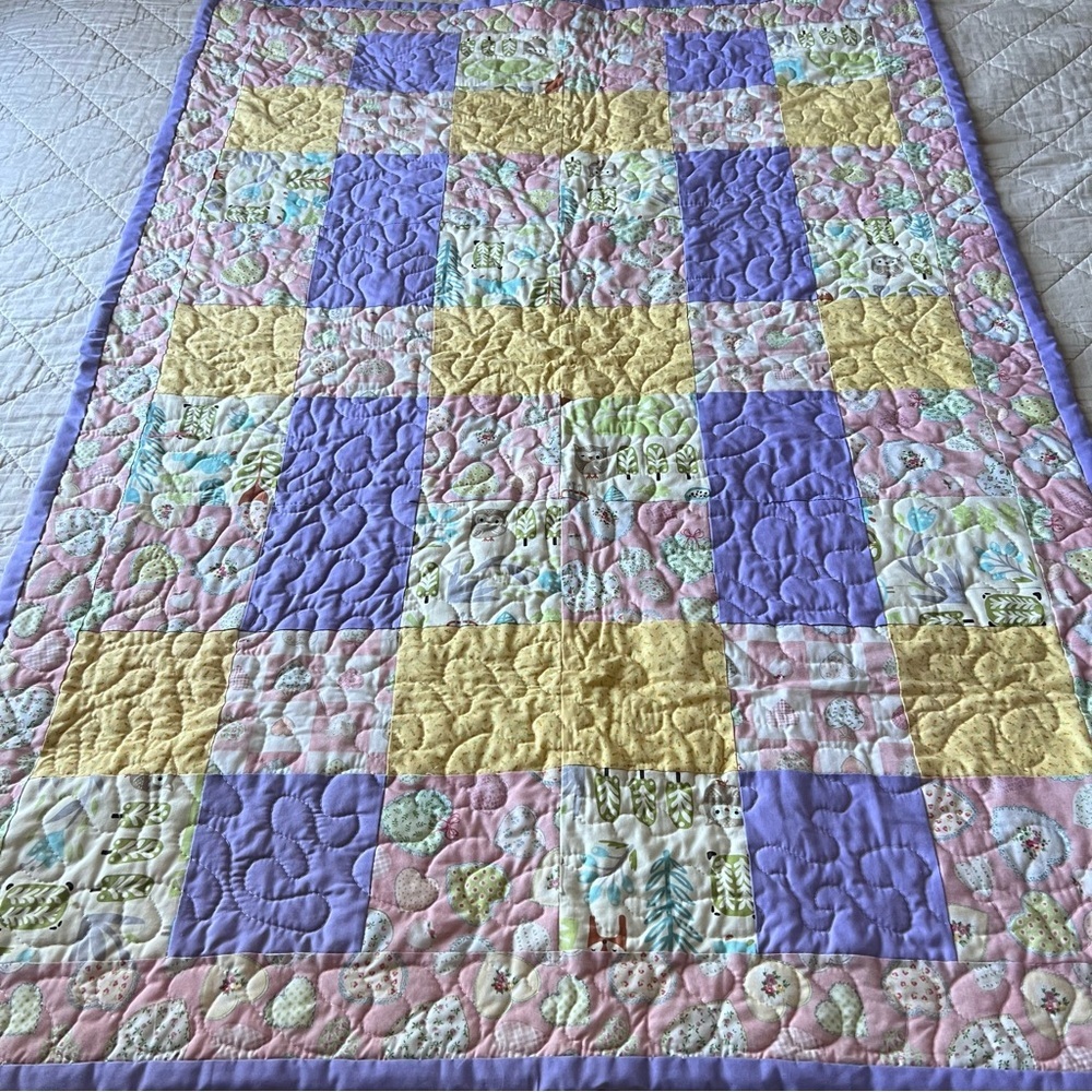 New Handmade Baby Quilt  32”x46” – Cotton Patchwork, Lilac Border